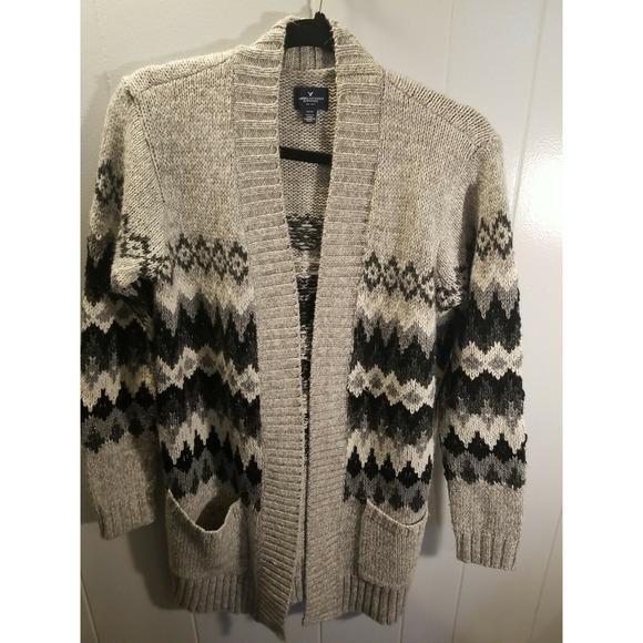 American‎ Eagle Women M Fair Isles Gray  Print  Open front Cardigan Sweater - Picture 1 of 5